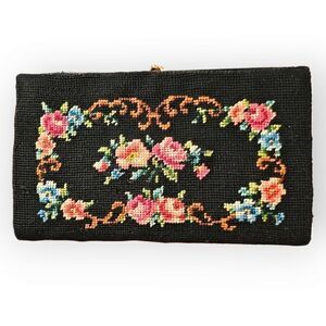 Vintage Black Floral Rose Petite Point Kisslock Clutch